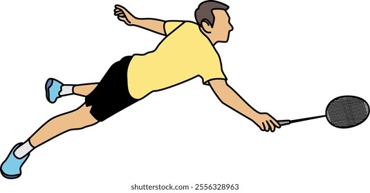 Illustration of a badminton player rush shot to return a shuttlecock, symbolizing determination and quick reflexes,demonstrates agility and focus,highlights athleticism and effort