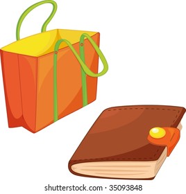 illustration of bag and diary on white