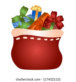 Illustration of a bag with gift boxes for Santa Claus. Merry Christmas.
