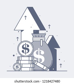 An illustration of a bag of money, big dollar coins and huge arrows. Revenue growth. Wealth and success.