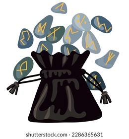 Illustration of a bag with runes. Stones with carved inscriptions are scattered. Odin's Viking-style handwriting. Flat vector isolated illustration. The element of divination, prediction of the future