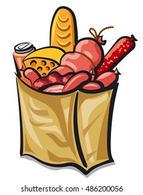 illustration of bag with sausages and grocery