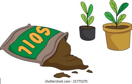 Ilustración de una bolsa de suelo con macetas