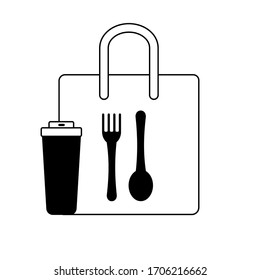 Illustration   Tasche mit Löffel und Gabel auf weißem Hintergrund . Nehmen Sie Essen oder Kaffee Getränk Symbol. Es kann für Café-Werbung verwendet werden.