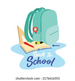 Illustration of a bag with various tools for school