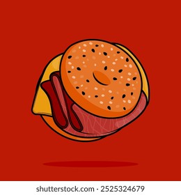 illustration of bagel sandwich with double cheese filling and red brisket ham in line art style. Can be used for restaurants, cafes, local street food, cookbook menu covers
