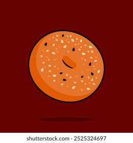 illustration of bagel topped with salt and black sesame seeds in line art style. Can be used for restaurants, cafes, local street food, cookbook menu covers