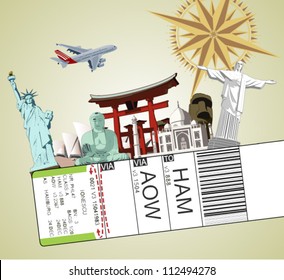 illustration of baggage tag with famous monument around the world