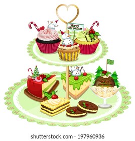 Illustration of the baked goods arranged in the tray on a white background