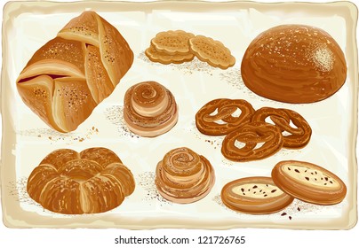 Illustration of baked goods and bread products. All objects are grouped. EPS8