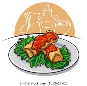 illustration of the baked pancakes with tomato sauce and lettuce on the plate