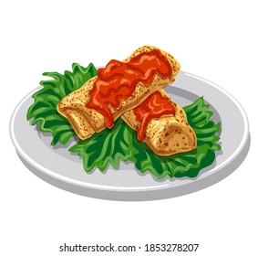 illustration of the baked pancakes with tomato sauce and lettuce on the plate