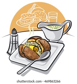 Illustration Of Baked Potato With Sauce And Butter On Plate