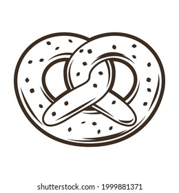 Illustration of baked pretzel. Object in engraving hand drawn style. Old element for beer festival or Oktoberfest.