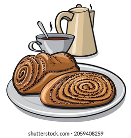 Illustration of the baked sweet rolls with a poppy seeds and tea