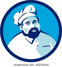 Illustration of a baker chef cook with beard wearing hat smiling facing front set inside circle on isolated background done in retro style. 