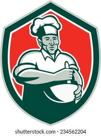 Illustration of a baker chef cook with hat holding a mixing bowl viewed from front set inside shield crest done in retro style on isolated background.