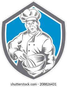 Illustration of a baker chef cook holding a mixing bowl viewed from front set inside shield crest done in retro woodcut style on isolated background.