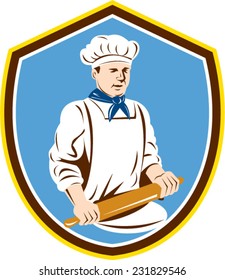 Illustration of a baker chef cook holding rolling pin set inside shield crest on isolated background done in retro style.