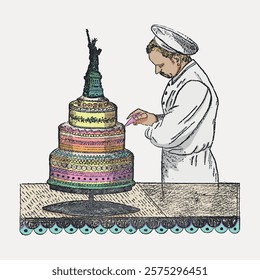 Illustration of a baker decorating a colorful, multi-tiered cake with a Statue of Liberty topper. The baker wears a chef's hat and white uniform, focused on details. Vintage art vector element.