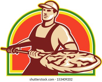 Illustration Of A Baker Holding A Peel With Pizza Pie Done In Retro Style On Isolated White Background.