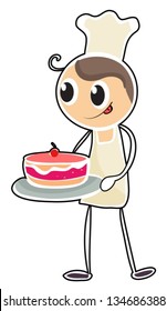 Illustration of a baker holding a tray of cake on a white background