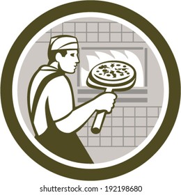 Illustration of a baker pizza maker holding a peel with pizza pie into a brick oven viewed from side done in retro style on isolated white background.
