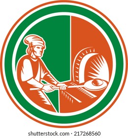 Illustration of a baker pizza maker holding peel pan with bread dough putting in open fire woodfire oven set inside circle done in retro style. 
