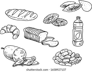 illustration of bakery, bologna, kibe and sausage items in vintage vector