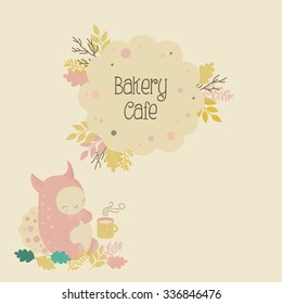 Illustration with bakery cafe logo and cute pink monster with mugs of cocoa. Vector design elements and label for children stores, internet shops, cafes