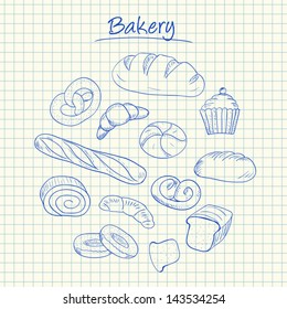 Illustration of bakery ink doodles on squared paper