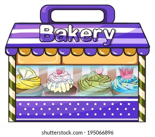 Illustration of a bakery with lots of goods on a white background