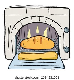Illustration of a Bakery Oven with Fresh Bread Isolated on White Background. Bread Baking in an Oven, Bakery-Themed Vector.