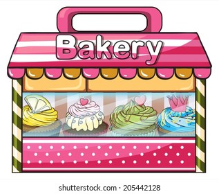 Illustration of a bakery selling baked goodies on a white background