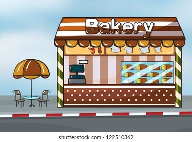 Illustration of a bakery shop near a street