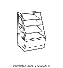 Ilustración de un diseño de vitrina de panadería y aperitivos. Vector arte de línea. Blanco y negro.