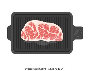 Illustration of baking steak on a hot plate.