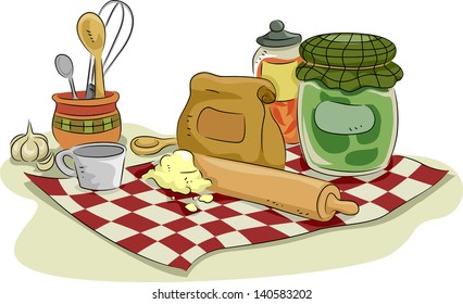 Illustration of Baking Utensils and Ingredients