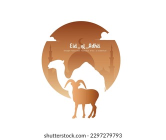 Illustration für Bakrid Mubarak Eid Al Adha , Fest der Muslime , Design-Karte, Banner, Poster. Illustration von Eid Al Adha Hintergrund, Silhouette mit Camel und Ziege.