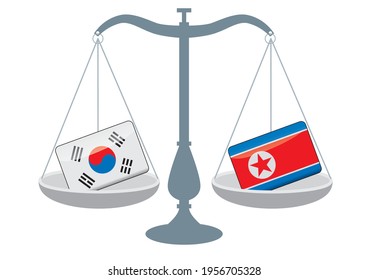 Illustration of balance and national flag. Image of South Korean and North Korean flags, national conflicts, national conflicts, international justice, and trade.