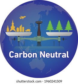An illustration of a balance overlapping the earth. The city is on one side, and the trees are on the other side, so the weights on the left and right are even. Created with vector data.