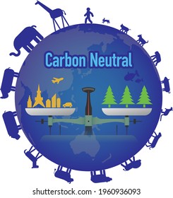 An illustration of a balance overlapping the earth. The city is on one side, and the trees are on the other side, so the weights on the left and right are even. Created with vector data.