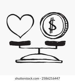 Illustration of a balance scale with a heart and a dollar sign. The heart and dollar represent love and money. Balance between love and money depicted. Doodle illustration vector.