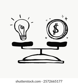 Illustration of a balance scale with a lightbulb and a coin. Symbolizes weighing ideas against money. Creative ideas versus financial value. Simple black line art doodle vector.