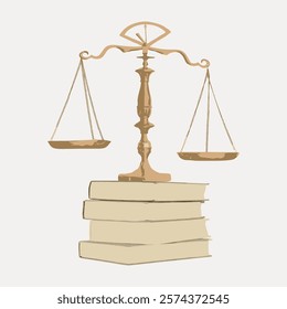 Illustration of a balance scale on books, symbolizing justice and law. The balance scale represents fairness, justice, and legal principles. Vintage art drawing illustration, old painting vector.