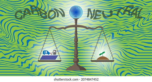 Illustration of the balance. A small earth sits on top of the balance. Solar panels and sprouts are on the plates on both sides. Marble pattern on the background. Created with vector data.