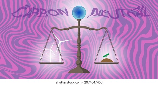 Illustration of the balance. A small earth sits on top of the balance. Wind power generators and sprouts are on the plates on both sides. Marble pattern on the background. Created with vector data.