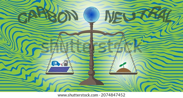 Illustration\
of the balance. A small earth sits on top of the balance. Solar\
panels and sprouts are on the plates on both sides. Marble pattern\
on the background. Created with vector\
data.