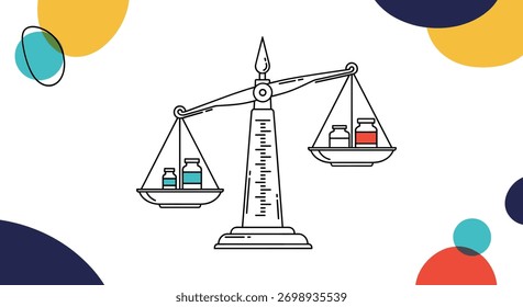 Illustration of a balanced scale weighing vials of liquid, symbolizing comparison or medicine.