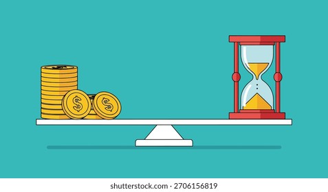 Ilustración de un balancín equilibrado con una pila de monedas de oro en un lado y un reloj de arena lleno de arena en el otro.